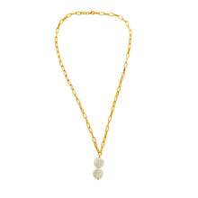 Load image into Gallery viewer, Handcrafted necklace with timeless design, mother-of-pearl finish, and 18k gold plated. Versatile and adjustable, suitable for layering. Natural pearl diameter 12-13mm. Total circumference up to 46cm. Length 24cm.
