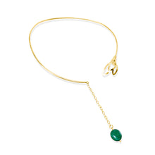 Load image into Gallery viewer, Handcrafted Vera Open Choker from the Seed Collection featuring a blooming seed design on one side and a vibrant malachite stone pendant on the other. Crafted in 18K gold plated over sterling silver, this necklace showcases a chic, elegant style suitable for any occasion.
