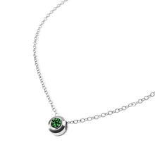 Load image into Gallery viewer, NATAL Birthstone Necklace for May with a dark-green crystal inspired by Emerald, set in a 7mm sterling silver charm on a fine adjustable silver chain.