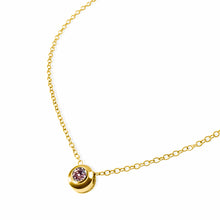 Load image into Gallery viewer, NATAL Birthstone Necklace for October with a light-pink crystal inspired by Pink Tourmaline, set in a 7mm 18K gold-plated charm on a fine adjustable gold-plated chain.