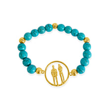 Load image into Gallery viewer, Turquoise Couple Charm Bracelet featuring vibrant reconstituted turquoise beads, a delicate 18k gold plated couple charm from the Circle of Life collection.