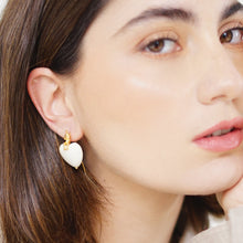 Load image into Gallery viewer, Handcrafted Beige Howlite Heart Wire Earrings featuring heart-shaped beige howlite stones delicately set on sleek 18k gold-plated open wire hooks.