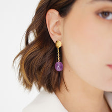 Load image into Gallery viewer, Amethyst Link Drop Earrings with hand-cut amethyst stones, 18K gold plating over sterling silver, featuring a unique and elegant design.