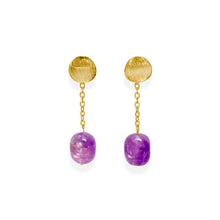 Load image into Gallery viewer, Amethyst Link Drop Earrings with hand-cut amethyst stones, 18K gold plating over sterling silver, featuring a unique and elegant design.