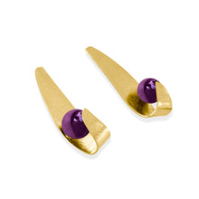 Cargar imagen en el visor de la galería, Handmade Maia Amethyst Drop Earrings featuring radiant purple gemstones gracefully wrapped in 18k Gold Plated over Sterling Silver lines and textures, creating a refined and elegant design.