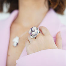 Load image into Gallery viewer, A handcrafted sterling silver cocktail ring featuring a singular amethyst stone with a unique cut, part of the exclusive One Piece Collection