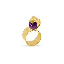 Load image into Gallery viewer, Handmade Maia Amethyst Ring featuring a radiant purple gemstone gracefully wrapped in lines and textures, creating a modern and sophisticated design. Made in in 18k gold plated over sterling.