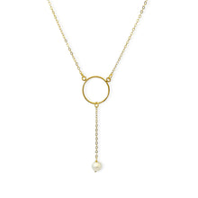 Load image into Gallery viewer, Pearl Lariat Necklace. Handmade jewelry in 18k gold plated