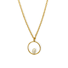 Load image into Gallery viewer, Pearl Circle Pendant Necklace. Handmade jewelry in 18k gold plated. White Pearl.