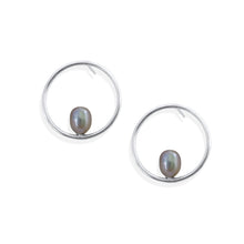 Load image into Gallery viewer, Pearl Circle Stud Earrings in Sterling Silver. Gray Pearl