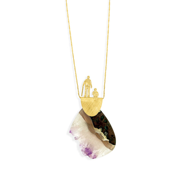 Amethyst Agate Long Pendant Necklace in Gold Plated