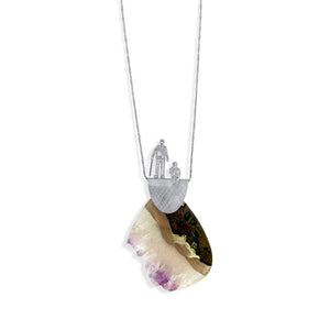 Amethyst Agate Silver Long Pendant Necklace