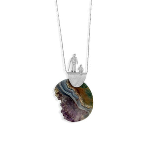Amethyst Agate Silver Long Pendant Necklace