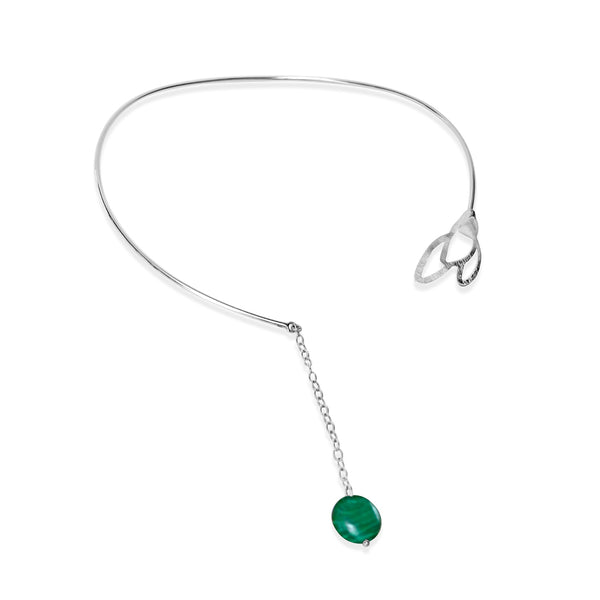 Handcrafted Vera Open Choker from the Seed Collection featuring a blooming seed design on one side and a vibrant malachite stone pendant on the other. Crafted in sterling silver, this necklace showcases a chic, elegant style suitable for any occasion.