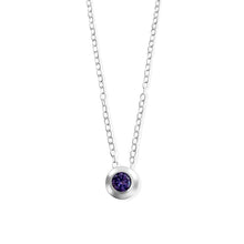 Cargar imagen en el visor de la galería, NATAL Birthstone Necklace for February with a purple crystal inspired by Amethyst, set in a 7mm sterling silver charm on a fine adjustable silver chain.
