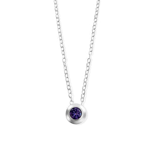 NATAL Birthstone Necklace for February with a purple crystal inspired by Amethyst, set in a 7mm sterling silver charm on a fine adjustable silver chain.