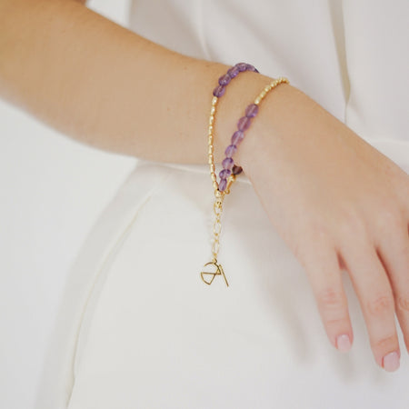 Mini Amethyst Beaded Bracelet with gold-plated accents, showcasing natural amethyst beads in calming purple hues.