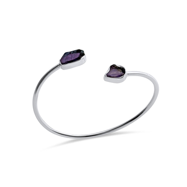 Amethyst Cuff Bracelet in sterling silver featuring two natural amethyst stones with organic lines and soft purple tones.