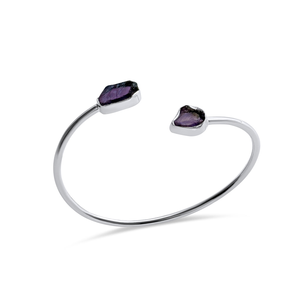 Amethyst Cuff Bracelet in sterling silver featuring two natural amethyst stones with organic lines and soft purple tones.