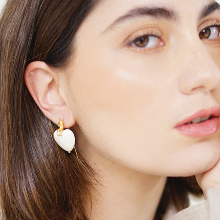Handcrafted Beige Howlite Heart Wire Earrings featuring heart-shaped beige howlite stones delicately set on sleek 18k gold-plated open wire hooks.
