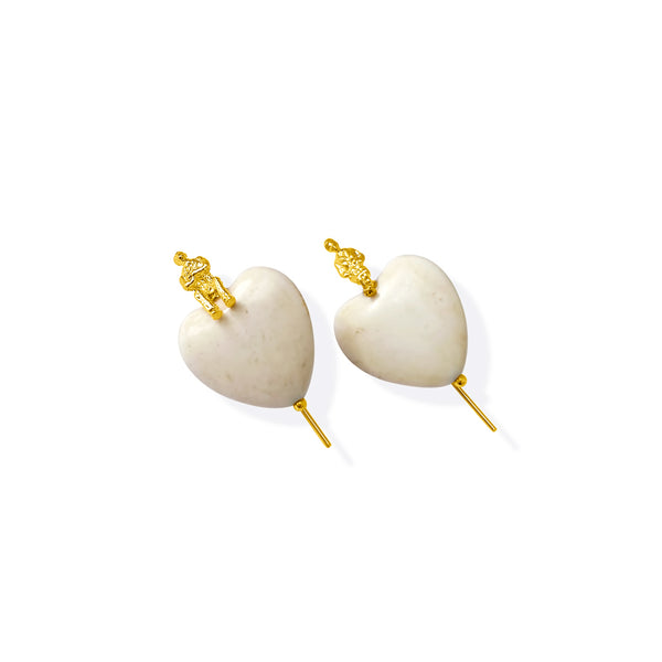 Handcrafted Beige Howlite Heart Wire Earrings featuring heart-shaped beige howlite stones delicately set on sleek 18k gold-plated open wire hooks.