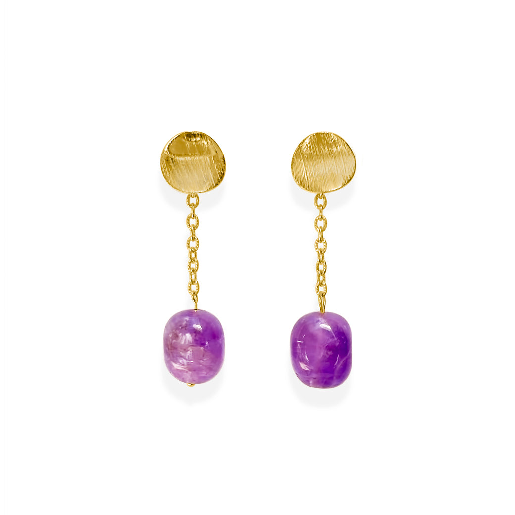 Amethyst Link Drop Earrings with hand-cut amethyst stones, 18K gold plating over sterling silver, featuring a unique and elegant design.