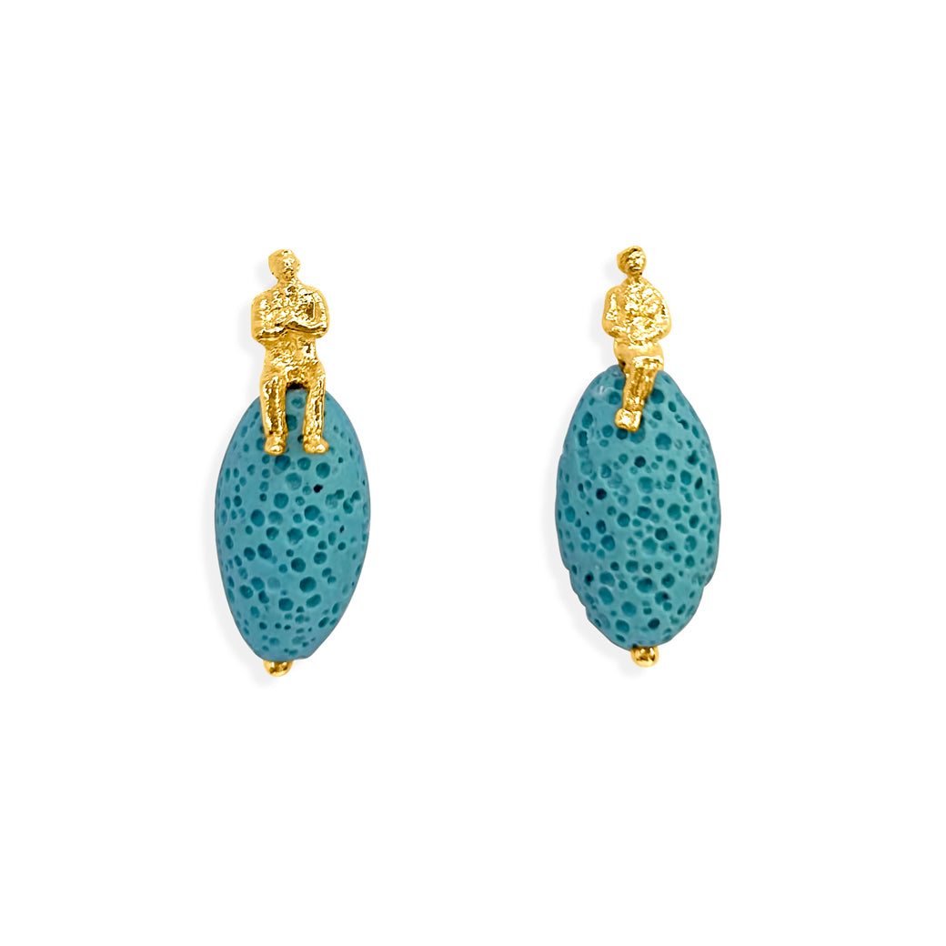 Sky blue volcanic drop earrings made with natural volcanic stones and 18K gold-plated over sterling silver.