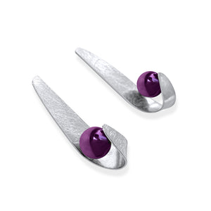 Handmade Maia Amethyst Drop Earrings featuring radiant purple gemstones gracefully wrapped in sterling silver lines and textures, creating a refined and elegant design.