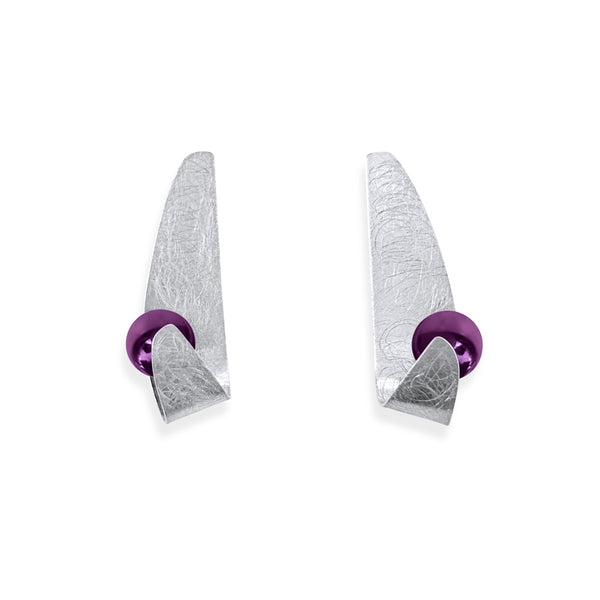 Handmade Maia Amethyst Drop Earrings featuring radiant purple gemstones gracefully wrapped in sterling silver lines and textures, creating a refined and elegant design.