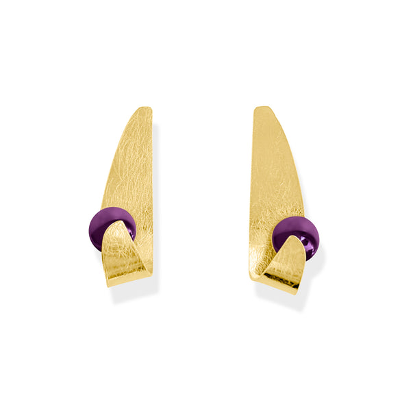 Handmade Maia Amethyst Drop Earrings featuring radiant purple gemstones gracefully wrapped in 18k Gold Plated over Sterling Silver lines and textures, creating a refined and elegant design.