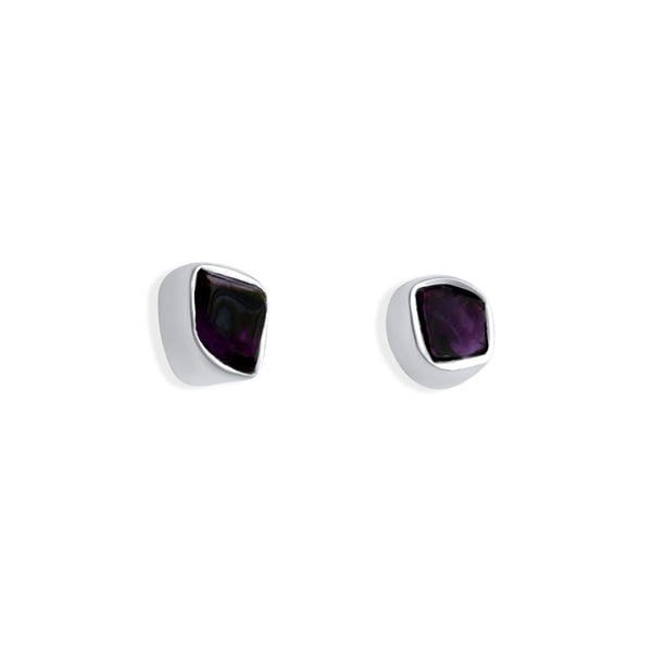 Amethyst Mini Stud Earrings made with natural amethyst stones in organic shapes set in sterling silver, highlighting their unique and exclusive design.