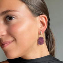 Load image into Gallery viewer, Woman wearing Éclat Amethyst Dangle Earrings featuring natural amethyst stones delicately sculpted and set in 18K gold-plated over sterling silver.
