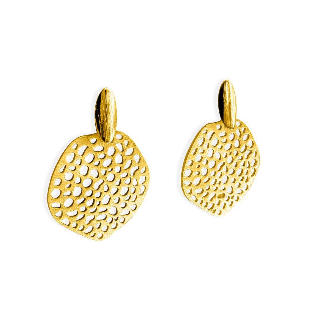 Handmade gold drop earrings with organic cutouts and a bold, sculptural design. Made in 18k gold plated over Sterling Silver.