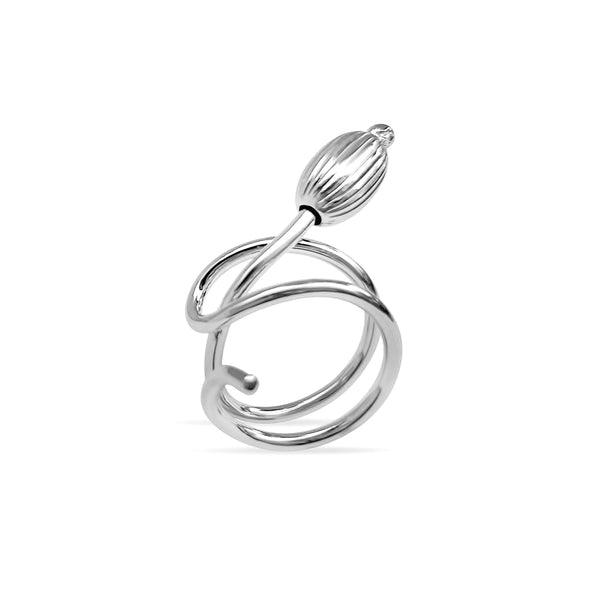 Handcrafted Seed Cocktail Ring in sterling silver, featuring an elegant, fluid design that wraps around the finger, culminating in a seed-shaped detail symbolizing growth and renewal