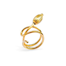 Cargar imagen en el visor de la galería, Handcrafted Seed Cocktail Ring in 18k gold plated, showcasing an elegant, fluid design that wraps around the finger and ends in an organic seed shape, symbolizing new beginnings and growth.
