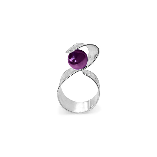 Handmade Maia Amethyst Ring featuring a radiant purple gemstone gracefully wrapped in sterling silver lines, creating a modern and sophisticated design.