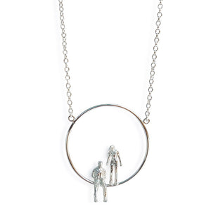Circle Long Necklace with Couple in Silver