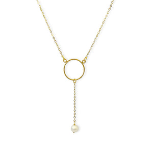 Pearl Lariat Necklace. Handmade jewelry in 18k gold plated