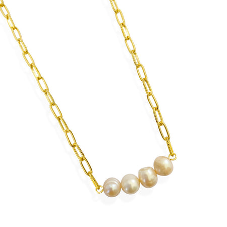 Pearl Link Chain Necklace. Handmade jewelry in 18k gold plated. Natural cultured ivory pearl.