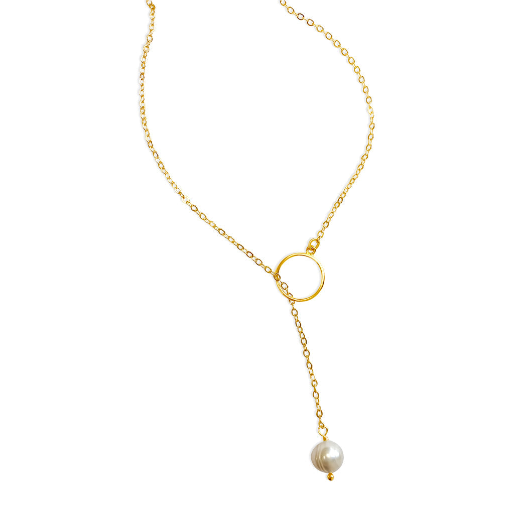 Pearl Lariat Necklace. Handmade jewelry in 18k gold plated