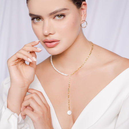 Pearl Lariat Y Necklace. Handmade jewelry in 18k gold plated