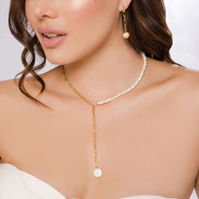 Load image into Gallery viewer, Pearl Lariat Y Necklace. Handmade jewelry in 18k gold plated
