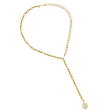 Cargar imagen en el visor de la galería, Pearl Lariat Y Necklace. Handmade jewelry in 18k gold plated
