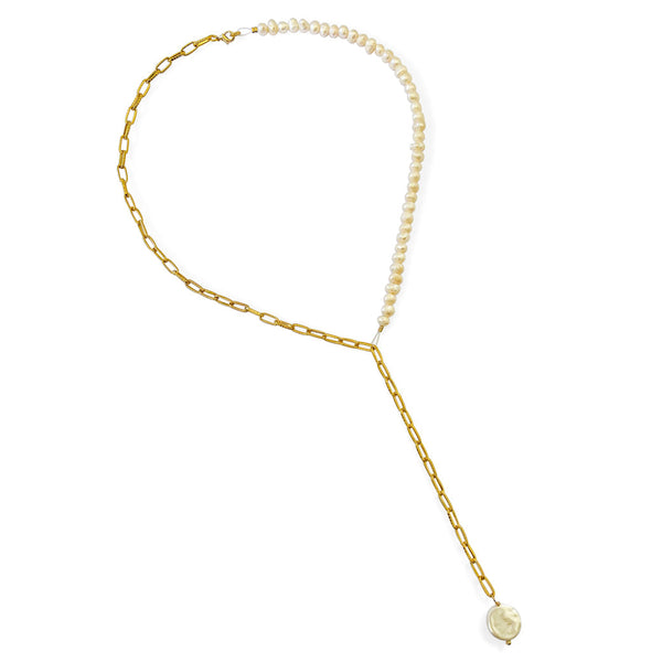 Pearl Lariat Y Necklace. Handmade jewelry in 18k gold plated