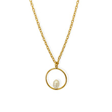 Load image into Gallery viewer, Pearl Circle Pendant Necklace. Handmade jewelry in 18k gold plated. White Pearl.
