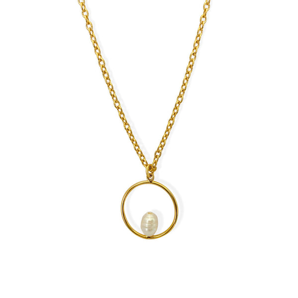 Pearl Circle Pendant Necklace. Handmade jewelry in 18k gold plated. White Pearl.