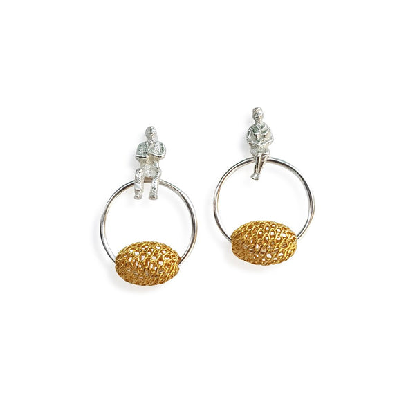 Mini Circle Silver Stud Earrings with Gold Oval Dangle
