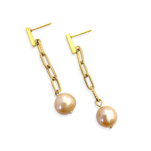 Load image into Gallery viewer, Mother of pearl drop earrings. Handmade jewelry in 18k gold plated. Ivory natural pearl.
