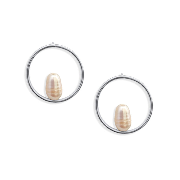 Pearl Circle Stud Earrings in Sterling Silver. White Pearl