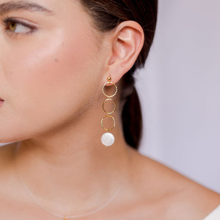 Pearl Long Drop Earrings. Handmade jewelry. 18k gold plated.